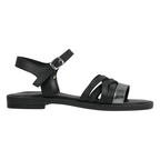 Vista laterale sandalo flat donna pelle nera cinturini incrociati antracite gunmetal suola nera – Cristhàlia