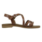 Sandalo flat donna fascette sottili incrociate pelle cuoio cognac con cinturino alla caviglia e fibbia silver – Made in Italy