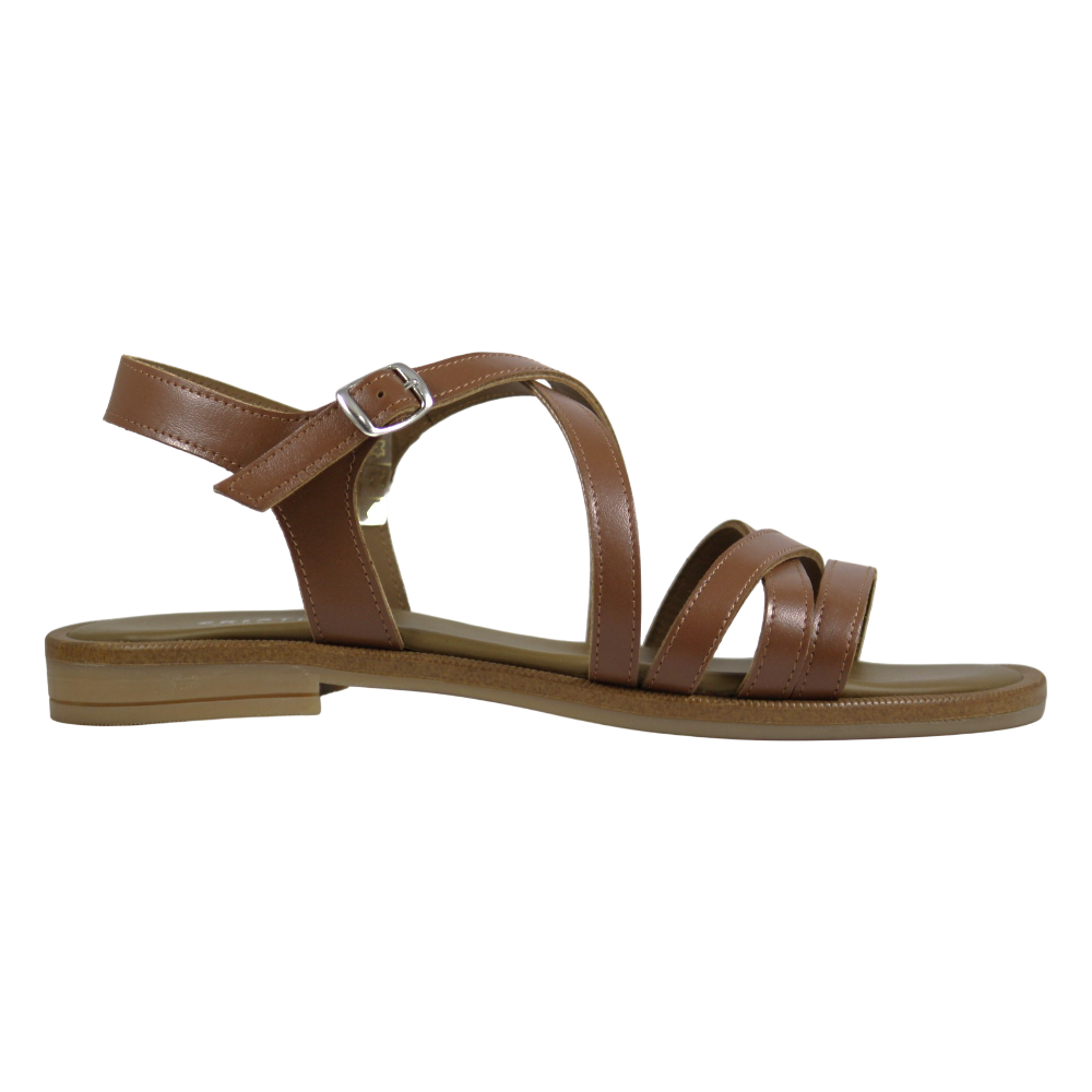 Sandalo flat donna fascette sottili incrociate pelle cuoio cognac con cinturino alla caviglia e fibbia silver – Made in Italy