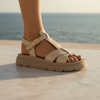Sandale à Plateforme Cage avec Boucle Dorée – Cuir Platine Or Lait